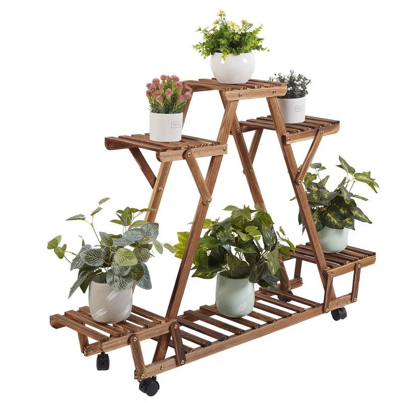 Triangular Plant Shelf with Wheels | Carbonized Wood Flower Pot Stand for Garden | Display and Storage Rack for Multiple Potted Plants